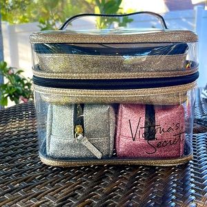 Victorias Secret makeup bag set glitter pink gold silver train case style